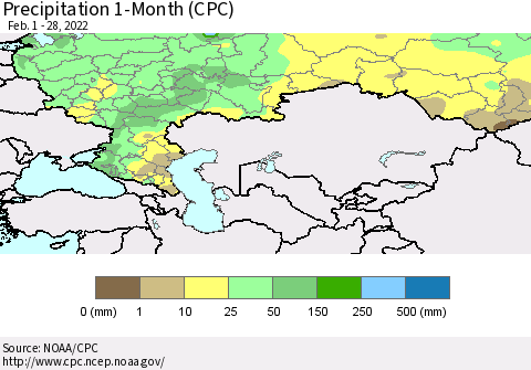Russian Federation Precipitation 1-Month (CPC) Thematic Map For 2/1/2022 - 2/28/2022