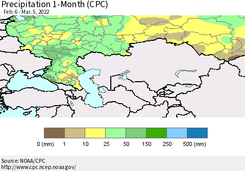 Russian Federation Precipitation 1-Month (CPC) Thematic Map For 2/6/2022 - 3/5/2022