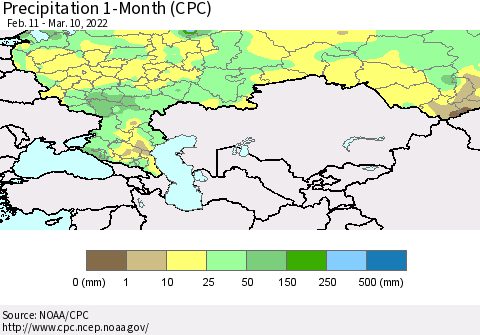 Russian Federation Precipitation 1-Month (CPC) Thematic Map For 2/11/2022 - 3/10/2022