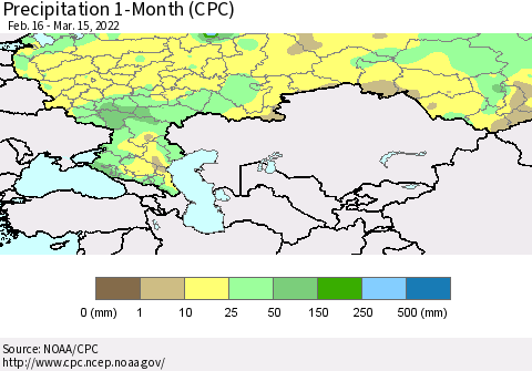 Russian Federation Precipitation 1-Month (CPC) Thematic Map For 2/16/2022 - 3/15/2022
