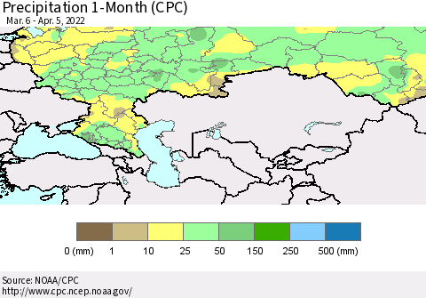 Russian Federation Precipitation 1-Month (CPC) Thematic Map For 3/6/2022 - 4/5/2022