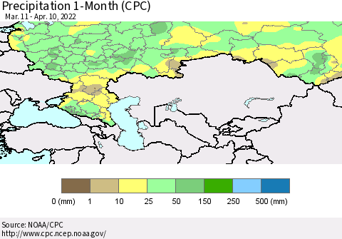 Russian Federation Precipitation 1-Month (CPC) Thematic Map For 3/11/2022 - 4/10/2022