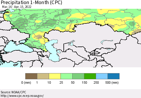 Russian Federation Precipitation 1-Month (CPC) Thematic Map For 3/16/2022 - 4/15/2022