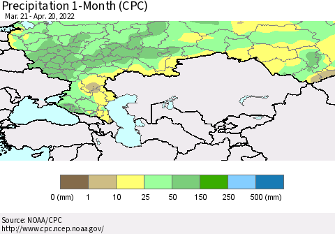 Russian Federation Precipitation 1-Month (CPC) Thematic Map For 3/21/2022 - 4/20/2022