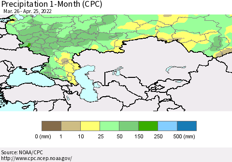 Russian Federation Precipitation 1-Month (CPC) Thematic Map For 3/26/2022 - 4/25/2022
