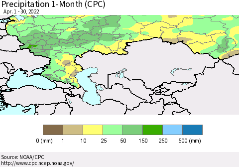 Russian Federation Precipitation 1-Month (CPC) Thematic Map For 4/1/2022 - 4/30/2022