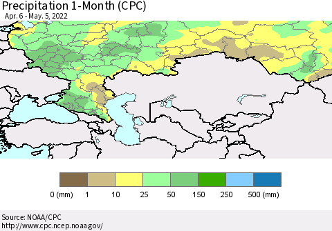 Russian Federation Precipitation 1-Month (CPC) Thematic Map For 4/6/2022 - 5/5/2022