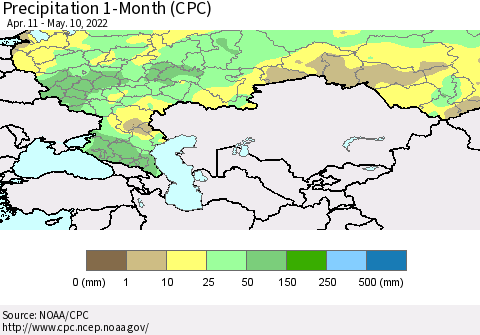 Russian Federation Precipitation 1-Month (CPC) Thematic Map For 4/11/2022 - 5/10/2022