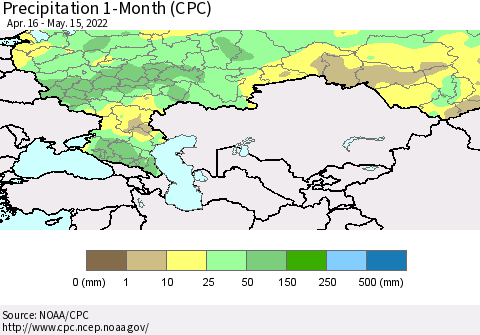 Russian Federation Precipitation 1-Month (CPC) Thematic Map For 4/16/2022 - 5/15/2022