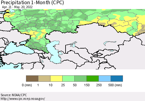 Russian Federation Precipitation 1-Month (CPC) Thematic Map For 4/21/2022 - 5/20/2022