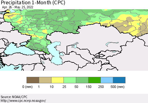 Russian Federation Precipitation 1-Month (CPC) Thematic Map For 4/26/2022 - 5/25/2022
