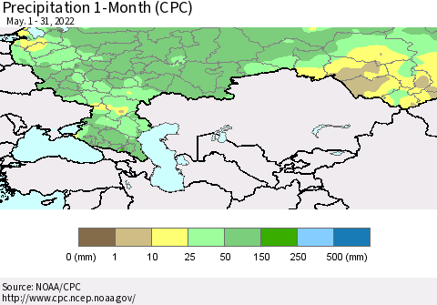 Russian Federation Precipitation 1-Month (CPC) Thematic Map For 5/1/2022 - 5/31/2022