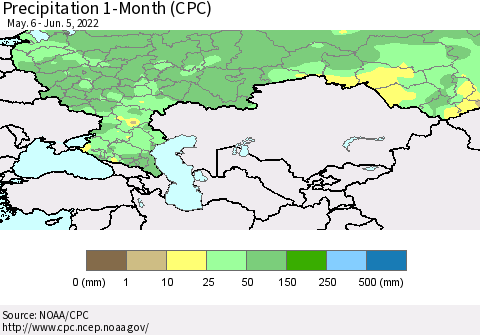 Russian Federation Precipitation 1-Month (CPC) Thematic Map For 5/6/2022 - 6/5/2022