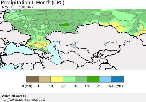 Russian Federation Precipitation 1-Month (CPC) Thematic Map For 5/11/2022 - 6/10/2022