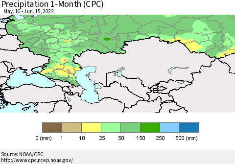 Russian Federation Precipitation 1-Month (CPC) Thematic Map For 5/16/2022 - 6/15/2022