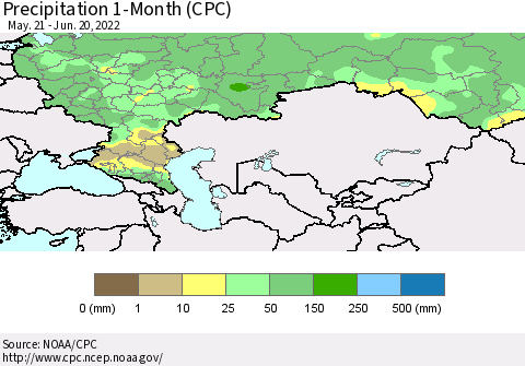 Russian Federation Precipitation 1-Month (CPC) Thematic Map For 5/21/2022 - 6/20/2022