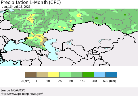 Russian Federation Precipitation 1-Month (CPC) Thematic Map For 6/16/2022 - 7/15/2022