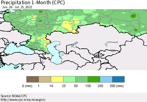 Russian Federation Precipitation 1-Month (CPC) Thematic Map For 6/26/2022 - 7/25/2022