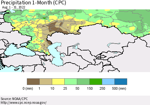 Russian Federation Precipitation 1-Month (CPC) Thematic Map For 8/1/2022 - 8/31/2022
