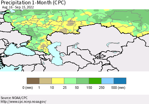 Russian Federation Precipitation 1-Month (CPC) Thematic Map For 8/16/2022 - 9/15/2022