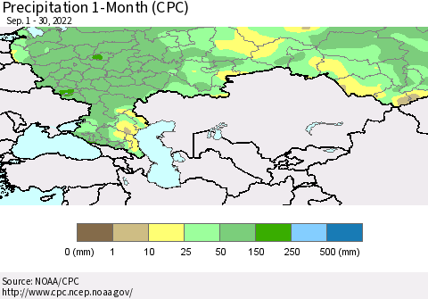 Russian Federation Precipitation 1-Month (CPC) Thematic Map For 9/1/2022 - 9/30/2022