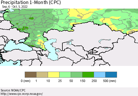 Russian Federation Precipitation 1-Month (CPC) Thematic Map For 9/6/2022 - 10/5/2022