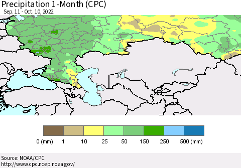 Russian Federation Precipitation 1-Month (CPC) Thematic Map For 9/11/2022 - 10/10/2022