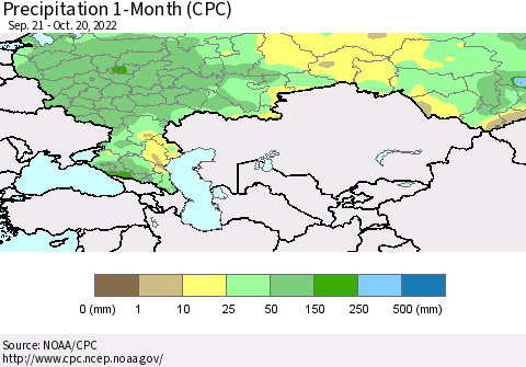 Russian Federation Precipitation 1-Month (CPC) Thematic Map For 9/21/2022 - 10/20/2022