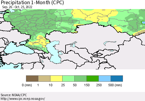 Russian Federation Precipitation 1-Month (CPC) Thematic Map For 9/26/2022 - 10/25/2022