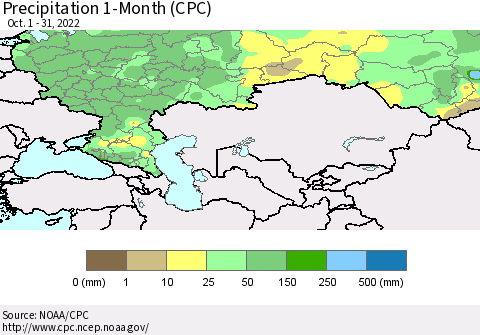 Russian Federation Precipitation 1-Month (CPC) Thematic Map For 10/1/2022 - 10/31/2022