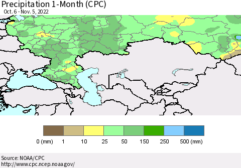 Russian Federation Precipitation 1-Month (CPC) Thematic Map For 10/6/2022 - 11/5/2022