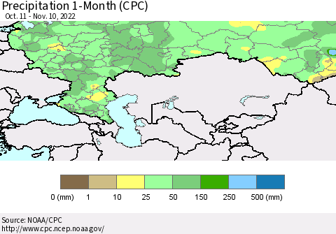 Russian Federation Precipitation 1-Month (CPC) Thematic Map For 10/11/2022 - 11/10/2022