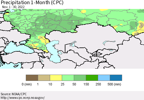 Russian Federation Precipitation 1-Month (CPC) Thematic Map For 11/1/2022 - 11/30/2022