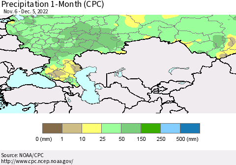 Russian Federation Precipitation 1-Month (CPC) Thematic Map For 11/6/2022 - 12/5/2022