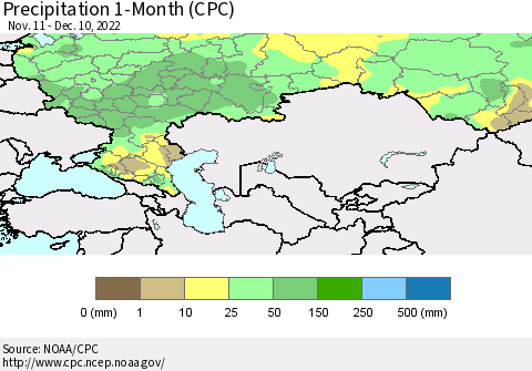 Russian Federation Precipitation 1-Month (CPC) Thematic Map For 11/11/2022 - 12/10/2022