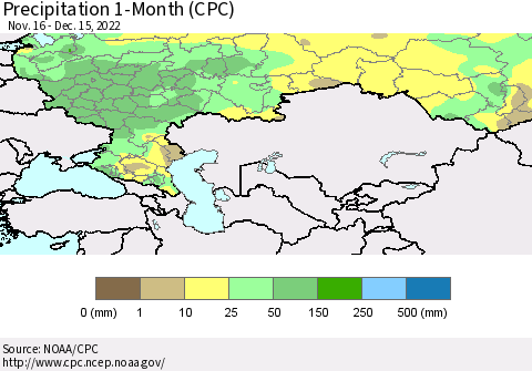Russian Federation Precipitation 1-Month (CPC) Thematic Map For 11/16/2022 - 12/15/2022