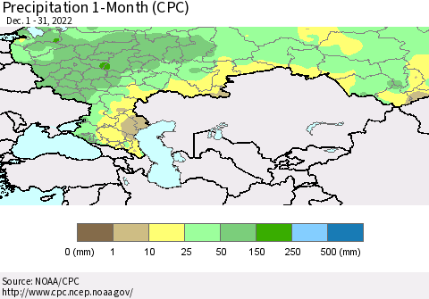 Russian Federation Precipitation 1-Month (CPC) Thematic Map For 12/1/2022 - 12/31/2022