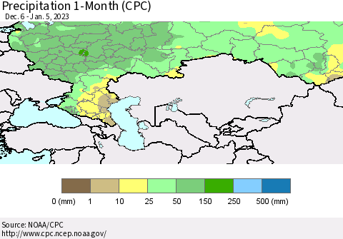 Russian Federation Precipitation 1-Month (CPC) Thematic Map For 12/6/2022 - 1/5/2023