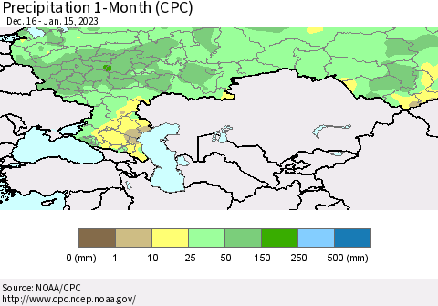 Russian Federation Precipitation 1-Month (CPC) Thematic Map For 12/16/2022 - 1/15/2023