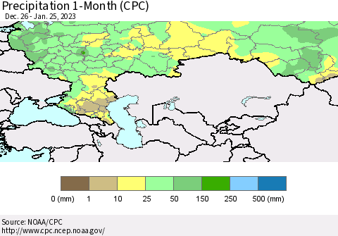 Russian Federation Precipitation 1-Month (CPC) Thematic Map For 12/26/2022 - 1/25/2023