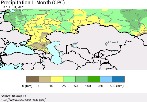 Russian Federation Precipitation 1-Month (CPC) Thematic Map For 1/1/2023 - 1/31/2023