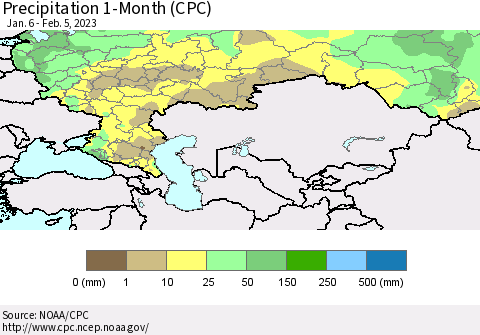 Russian Federation Precipitation 1-Month (CPC) Thematic Map For 1/6/2023 - 2/5/2023