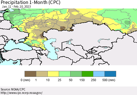 Russian Federation Precipitation 1-Month (CPC) Thematic Map For 1/11/2023 - 2/10/2023