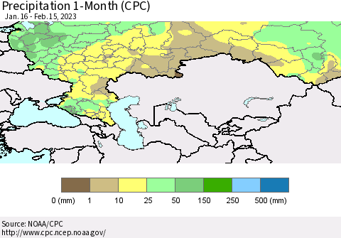 Russian Federation Precipitation 1-Month (CPC) Thematic Map For 1/16/2023 - 2/15/2023