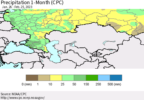 Russian Federation Precipitation 1-Month (CPC) Thematic Map For 1/26/2023 - 2/25/2023