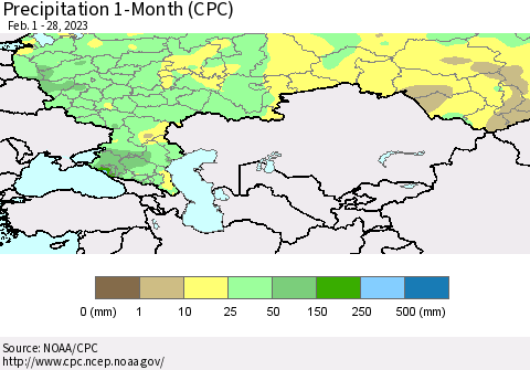 Russian Federation Precipitation 1-Month (CPC) Thematic Map For 2/1/2023 - 2/28/2023