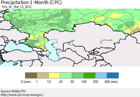 Russian Federation Precipitation 1-Month (CPC) Thematic Map For 2/16/2023 - 3/15/2023