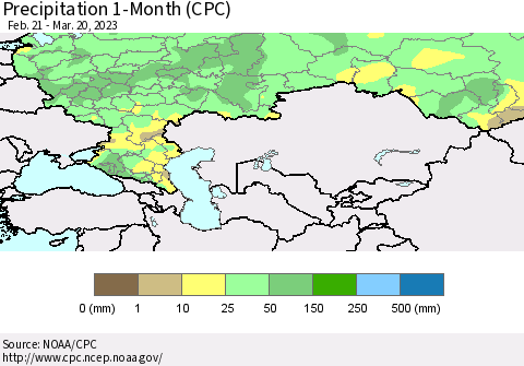 Russian Federation Precipitation 1-Month (CPC) Thematic Map For 2/21/2023 - 3/20/2023