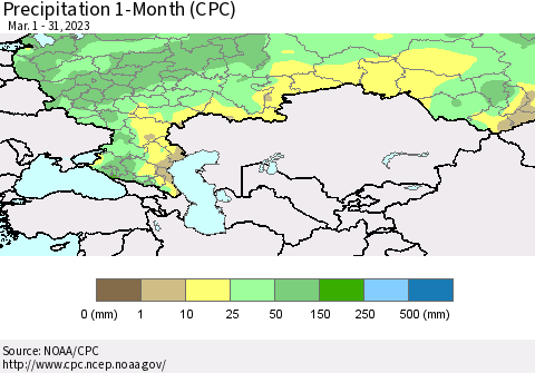 Russian Federation Precipitation 1-Month (CPC) Thematic Map For 3/1/2023 - 3/31/2023