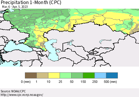 Russian Federation Precipitation 1-Month (CPC) Thematic Map For 3/6/2023 - 4/5/2023